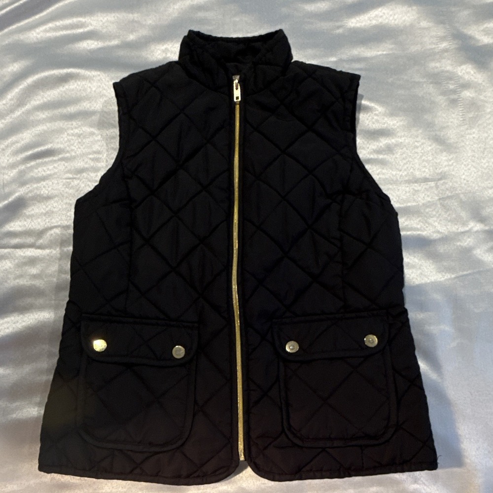 St. John's Bay Black Solid Full Zip Quilted Vest Snap Pockets Women's PXS